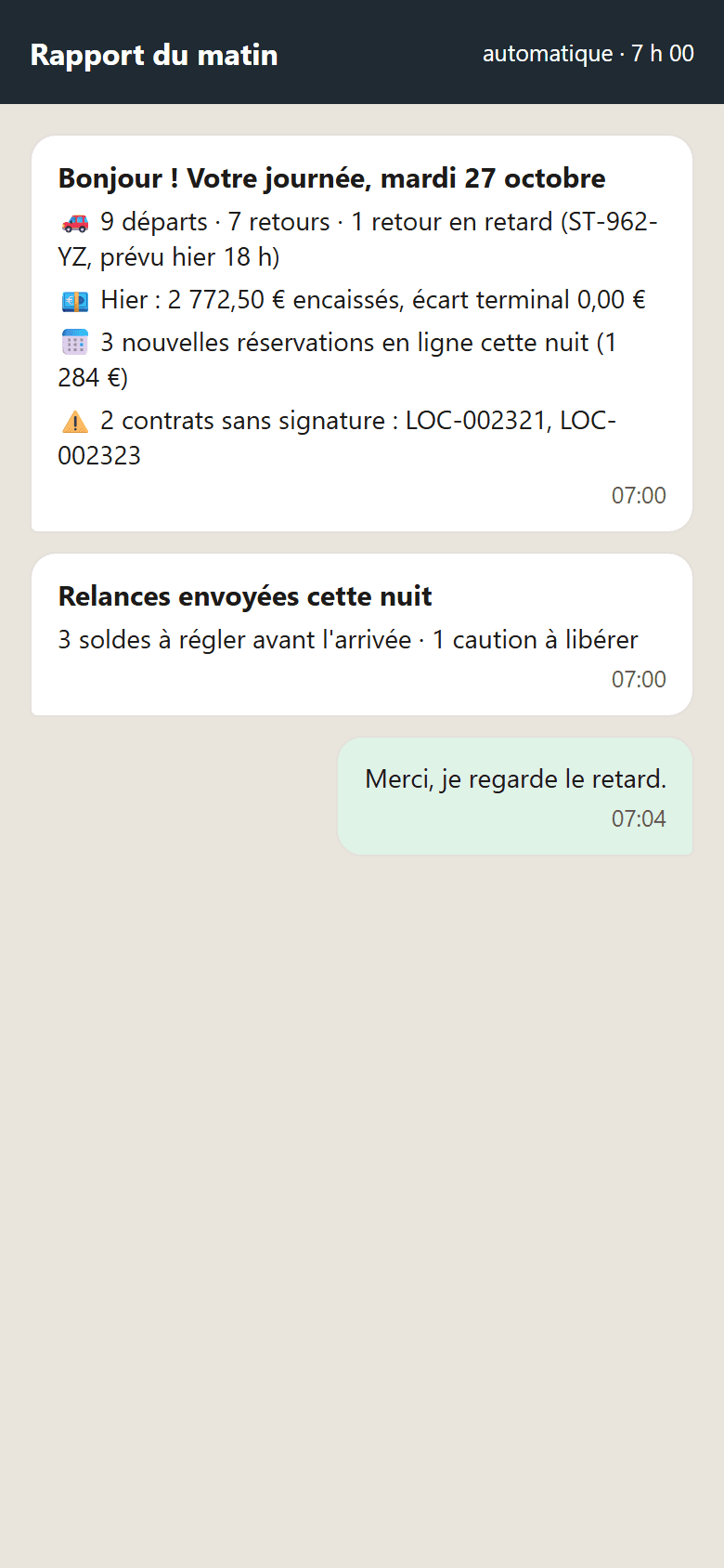 Un rapport automatique envoyé chaque matin sur le téléphone (données fictives)