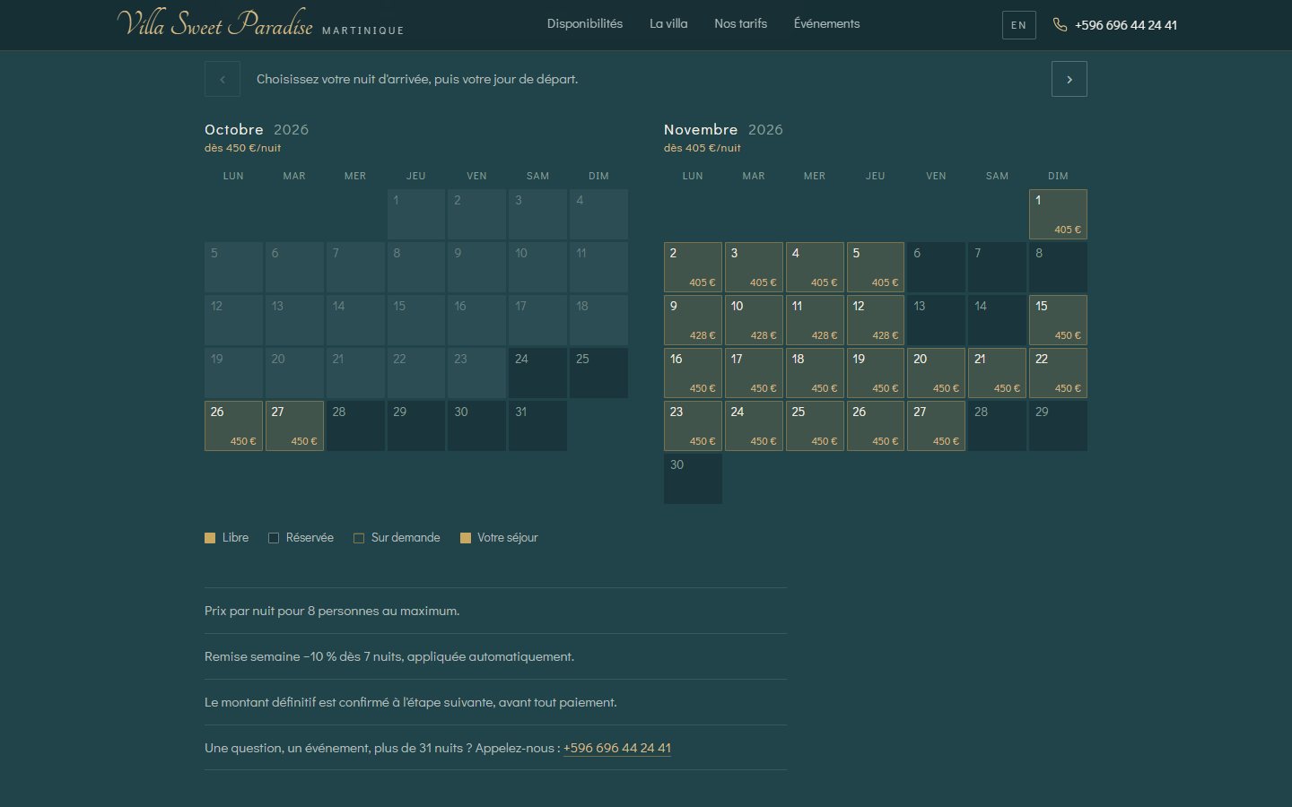 Calendrier de réservation de la villa avec le prix de chaque nuit